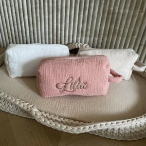 Trousse en gaze de coton avec anse en blanche, beige et vieux rose